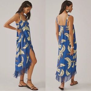 NWT ANTHROPOLOGIE Farm Rio Birds Feathers Fringe Hem Wrap Midi Dress Tropical XS